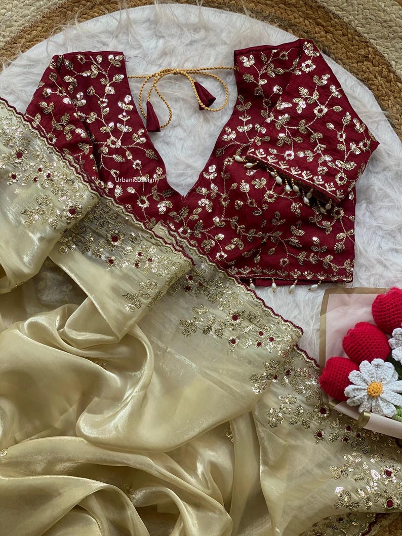 Embroidered Silk Saree, Sequins Thread Work, Stitched Blouse