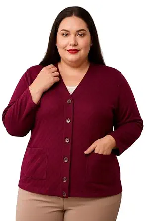 Women's Woollen V-Neck Plus Size Winter Cardigan Sweater with Front Pockets
